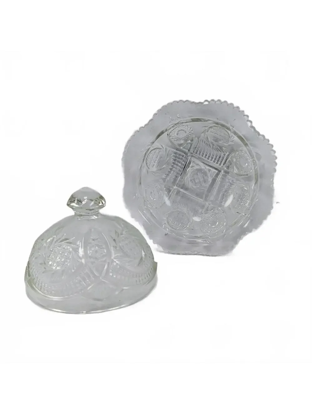 Vtg L.E. Smith Clear Aztec Sunburst Glass Butter Dish